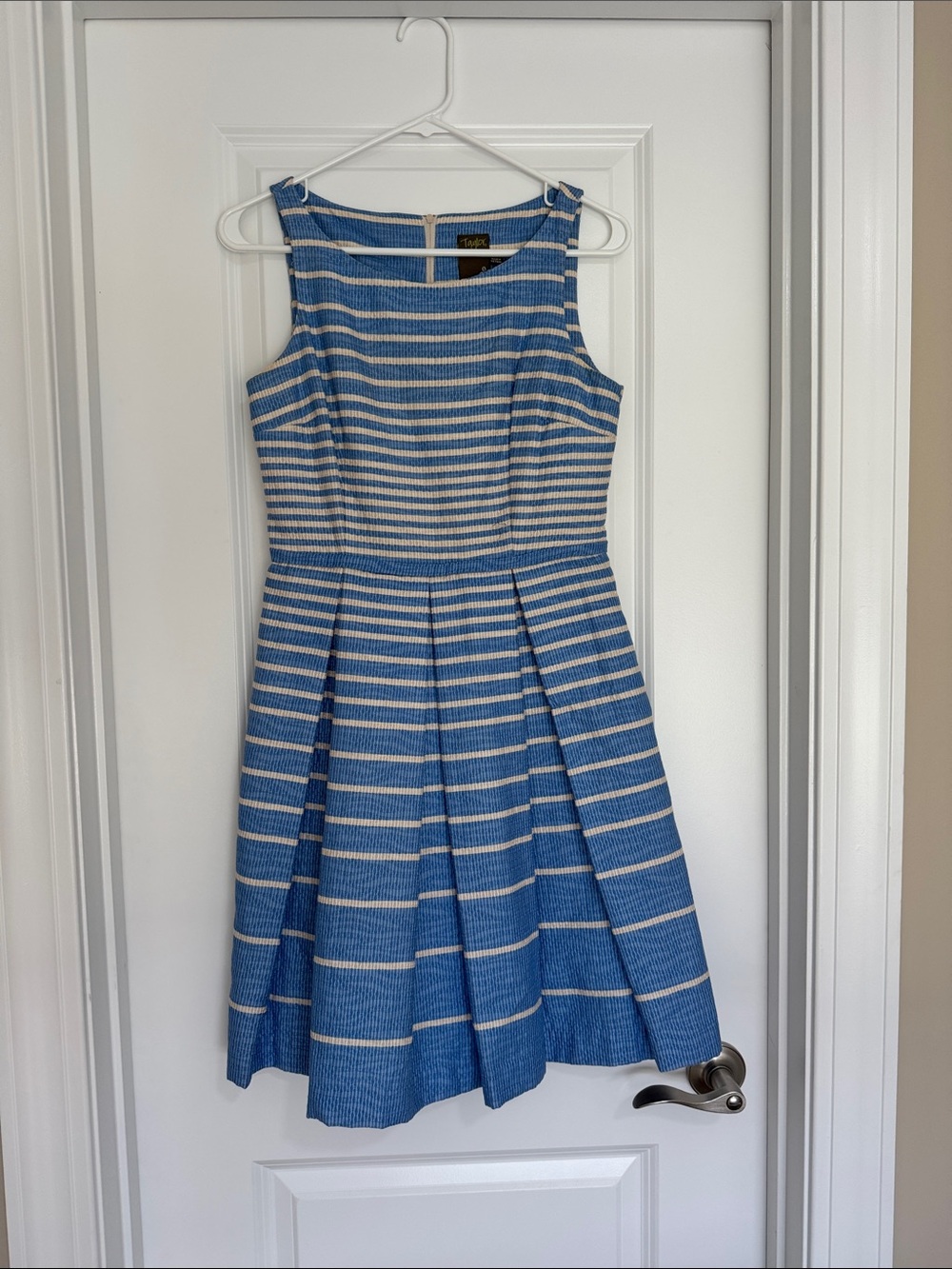Taylor Blue and White Striped Sleeveless Fit-and-Flare Dress